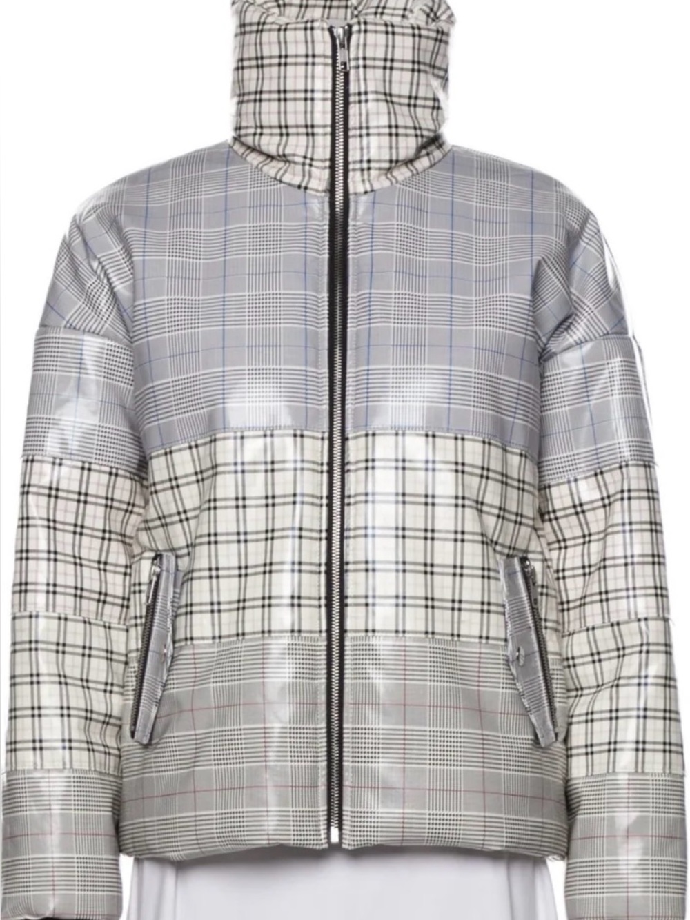Brand New Samantha Sipos Grey & Brown Plaid Leather Puffer Medium Coat
